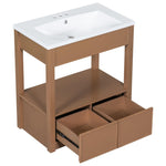 ZUN 30" Bathroom Vanity with Sink Top, Bathroom Cabinet with Open Storage Shelf and Two Drawers, Brown 51882165