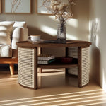 ZUN 2-Tiered Round Walnut Wood Coffee Table with Storage Rattan Base in 31.3'' N735P185131D