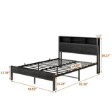 Full Size Bed Frame with Storage Headboard, Metal Platform Bed with Charging Station, Bookcase W840P241043