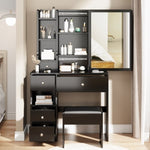 ZUN Small Space Left Drawer Desktop Vanity Table + Cushioned Stool, Extra Large Right sliding mirror, 33856861