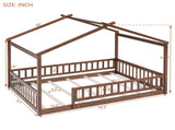 Full Size Wood Bed House Bed Frame with Fence, for Kids, Teens, Girls, Boys,Walnut WF302177AAL