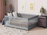 Queen Size Floor Bed with Fence,Door,Rubber Wood Floor Bed with Safety Guardrails,Grey W504P286386