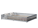 Queen Size Floor Bed with Fence,Door,Rubber Wood Floor Bed with Safety Guardrails,Grey W504P286386
