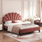 Full Size Upholstered Platform Bed with Flower Pattern Velvet Headboard, Bean Paste Red WF305290AAH