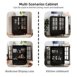 Minimalist Black Buffet Cabinet with Double Glass Doors and Drawer, Modern Wooden Storage Sideboard W2557P307942