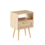 15.75" Rattan End table with drawer and solid wood legs, Modern nightstand, side table for living 08006568