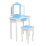 Children's Wooden Dressing Table Three-Sided Folding Mirror Dressing Table Chair Single Drawer Blue 02718254