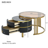 ZUN ON-TREND Φ27.5'' & Φ19.6'' Stackable Coffee Table with 2 Drawers, Nesting Tables with Brown Tempered WF320536AAB