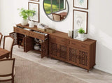 Vintage Sideboard Buffet Cabinet with Hand-Carved Hollow Doors, Distressed Light Wood Finish, 2 W688P359947