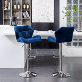 Breni Velvet Diamond Tufted Swivel Adjustable Height Barstool, Set of 2, Blue T2574P164870