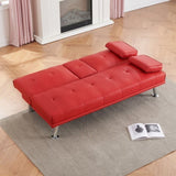 ZUN 67" Red Leather Multifunctional Double Folding Sofa Bed for Office with Coffee Table W165880941