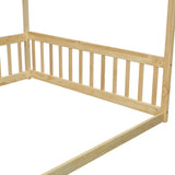 Full Size Canopy Frame Floor Bed with Fence, Guardrails,Natural W504P143283