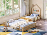 Twin and Full Size Solid Wood Montessori Floor Bed, House Shaped Frame with Safety Guardrails, W5767P546848