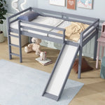 ZUN Twin Low Loft Bed with Slide, Ladder, Safety Guardrails, Rubber Wood Twin Loft Bed,Grey W504P218522