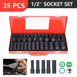 35PC 1/2-Inch Impact Socket Set 6 Point Metric Size 8-32mm,Drive Deep Spindle Axle Nut Impact Socket 34403572