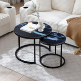 Set 2 Coffee Table Nesting Black top Black Frame Circular Round and Marble Pattern Wooden Tables, 62287079