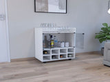 32" H white bar- coffee cart, Kitchen or living room cabinet storage with 4 wheels, with 8 bottle B097133141