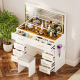 46"Glass Top Vanity Desk with 10 Drawers Makeup Vanity with Mirror and Stool,3 Lighting Modes W2887P311841