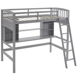 ZUN Loft bed with shelf with desk inclined ladder gray twin wooden bed pine particle board 64810433