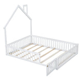Wood Full Size House Platform Bed with Guardrail, White N709P171852K