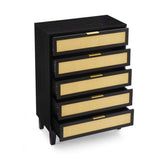 ZUN Bedroom 5 drawer dresser, rattan dresser modern wooden chest of drawers with spacious storage space W1781P183009