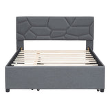 Full Size Upholstered Platform Bed with Brick Pattern Headboard and Twin Size Trundle, Linen Fabric, 49640107