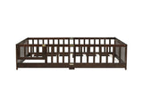 Full Size Floor Bed with Fence and Door,Rubber Wood Floor Bed with Safety Guardrails,Espresso W504P429302