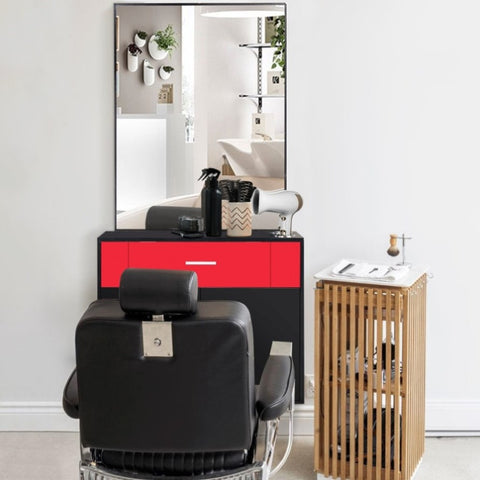 ZUN 15% E0 chipboard linen top 1 drawer 1 door with mirror Salon cabinet black and red 87943446