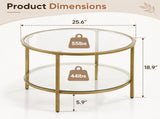 Round Glass Coffee Table with Lower Shelf, Champagne Gold Metal Frame, 2-Tier Modern 51201860