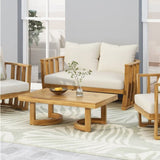 ZUN Outdoor Acacia Wood Loveseat and Coffee Table Set with Cushions, Teak, Beige 70457.00BGE