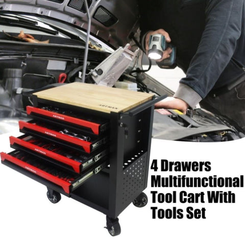 ZUN 4 DRAWERS MULTIFUNCTIONAL TOOL CART WITH TOOL SET AND WOODEN TOP W110284297