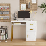 ZUN FCH White Particleboard Iron Pipe 97*35*78cm 2 drawers and 1 door Computer desk Multiple scenes 99971577