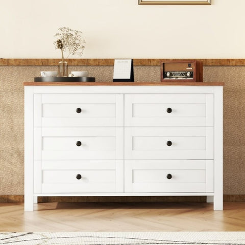 ZUN Retro Farmhouse Style Wooden Dresser with 6 Drawer, Storage Cabinet for Bedroom, White+Brown 90598838