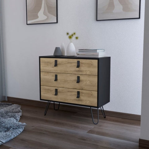 ZUN Chase Black and Macadamia 3-Drawer Dresser B062P175199