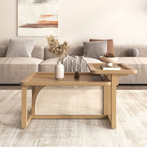 ZUN Modern 2 Piece Nesting Rattan Wood+ MDF Coffee Table Set in Natural N735P176285D