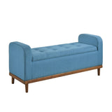 Mid-Century Modern Lift Top Storage Bench 1pc Tufted Blue Upholstered Solid Wood Walnut Finish B011P169817