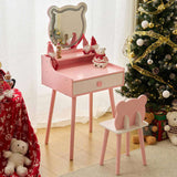 Kids Vanity Table and Chair Set, Girls Vanity with Mirror & 3-Color LED Lights, 1 Large Drawer & 11882332