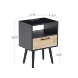 15.75" Rattan End table with Power Outlet & USB Ports , Modern nightstand with drawer and solid wood W126573111