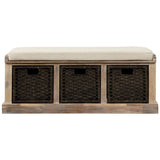 Rustic Storage Bench with 3 Removable Classic Rattan Basket , Entryway Bench with Removable Cushion 13131437