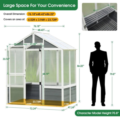 ZUN Greenhouse, Wooden Greenhouse Polycarbonate Garden Shed fors, 76''x48''x86'' Walk-in Outdoor 32329616