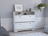 Shoe Rack 46" H, One Open Storage Shelf, Two Internal Storage Drawers, Two Doors, Light Oak / White B097133215