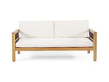 Outdoor Acacia Wood and Iron Loveseat and Coffee Table Set with Cushions, Teak, Black, Beige 73021.00BGE