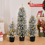 ZUN Set of 3 Pre-lit Xmas Trees with Pot Stands, 3/4/5 FT Snow Flocked Artificial Christmas Trees with 53610875