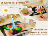 Beige Wooden Kids Play Kitchen with Rotatable Faucet & 14 Accessories,Pretend Cooking Set for 79200296