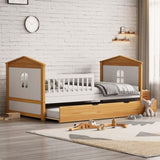 ZUN Twin Size House Shape Bed with Trundle Wooden Bed for Girls Boys Teens, No Box Spring Needed, Walnut WF326260AAK