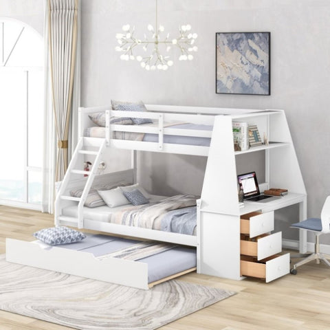 ZUN Twin over Full Bunk Bed with Trundle and Built-in Desk, Three Storage Drawers and Shelf,White 26505764