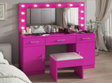 Vanity Desk Set with Large Lighted Mirror Powre Outlet, Glass Top Makeup Vanity with 3 Drawers 20197617