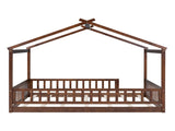 Full Size Wood Bed House Bed Frame with Fence, for Kids, Teens, Girls, Boys,Walnut WF302177AAL