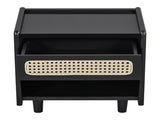 Black Nightstand with Rattan Detail, MDF Solid Wood, Modern Bedroom Storage, Open Shelf & Drawer, N770P374577B