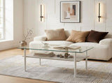 Modern Rectangular Glass Coffee Table with Tempered Glass Top and Wood Shelf, 38.6-Inch 33882825
